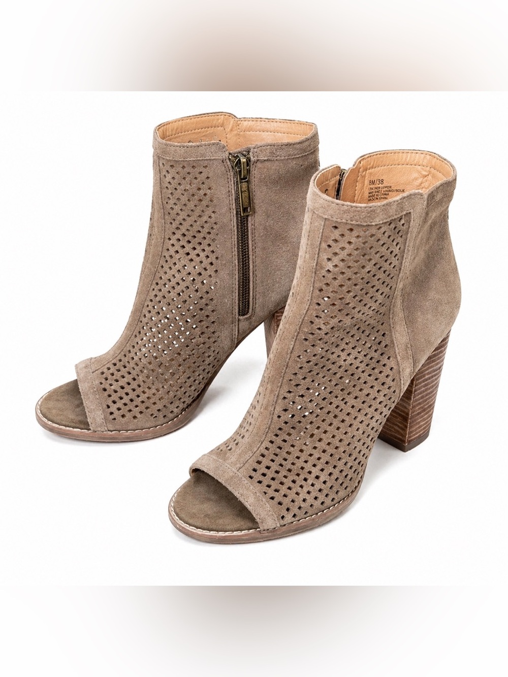 Lucky Brand Lakyn Perforated Suede Booties Peep Toe Boho Western Heel-Sz 8